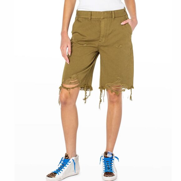SERRA BY JOIE RUCKER The Ballest Distressed Twill Bermuda Shorts In Olive Oil - Picture 1 of 5